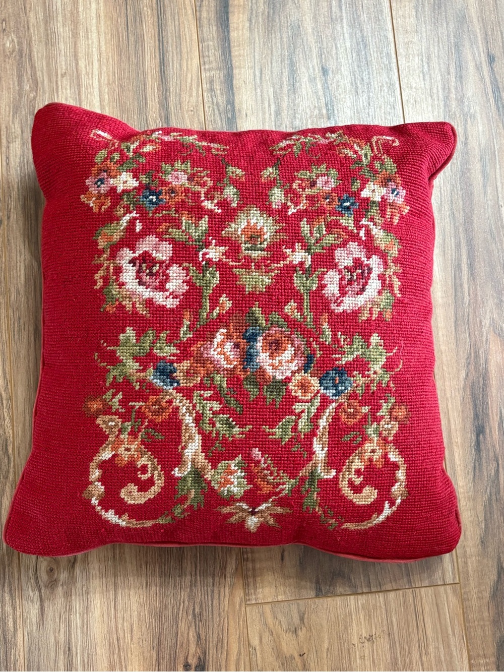 Vtg Chaps Ralph Lauren Summerton Needlepoint Pillow Red Wool Floral Rose 15”